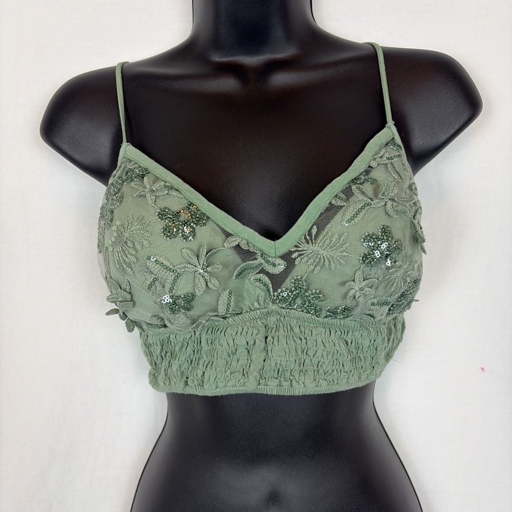 Listicle Wireless Bralette Sequin Floral Mint Green Spaghetti Strap S Festival